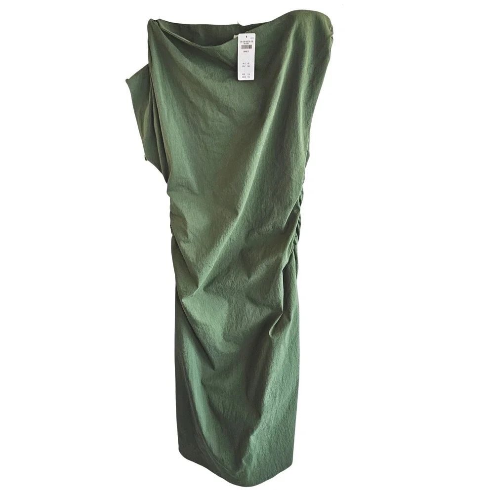 Abercrombie & Fitch Green Asymmetrical Ruched Maxi Dress Olive Large  NWT $110